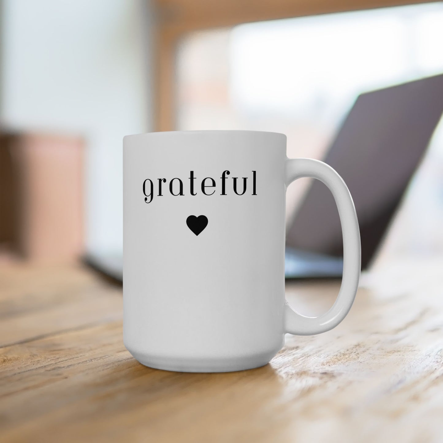 Grateful -White Mug,  BPA and Lead-free, microwave & dishwasher-safe, and made of white, durable ceramic in 11-ounce and 15-ounce sizes.