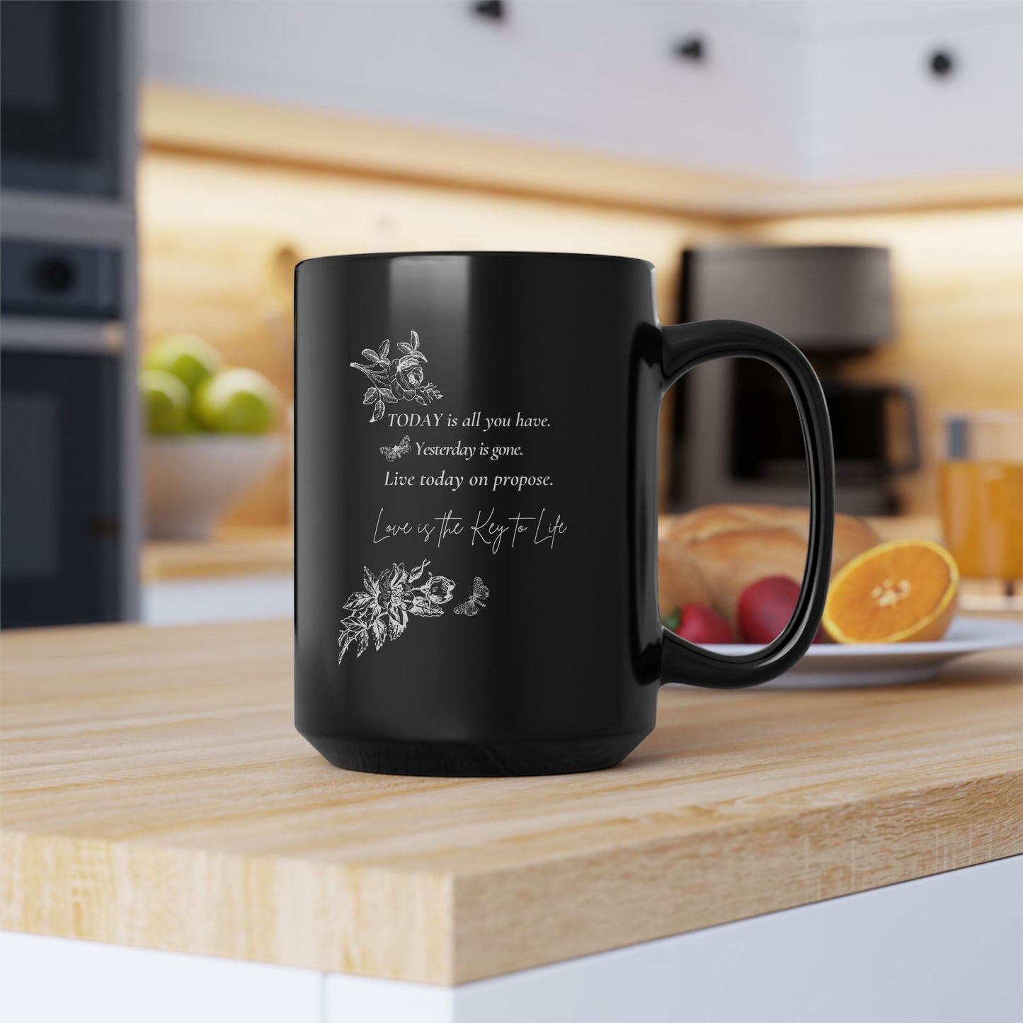 Live for Today Black Mug-BPA and Lead-free, microwave & dishwasher-safe, and made of white, durable ceramic in 11-ounce and 15-ounce sizes.