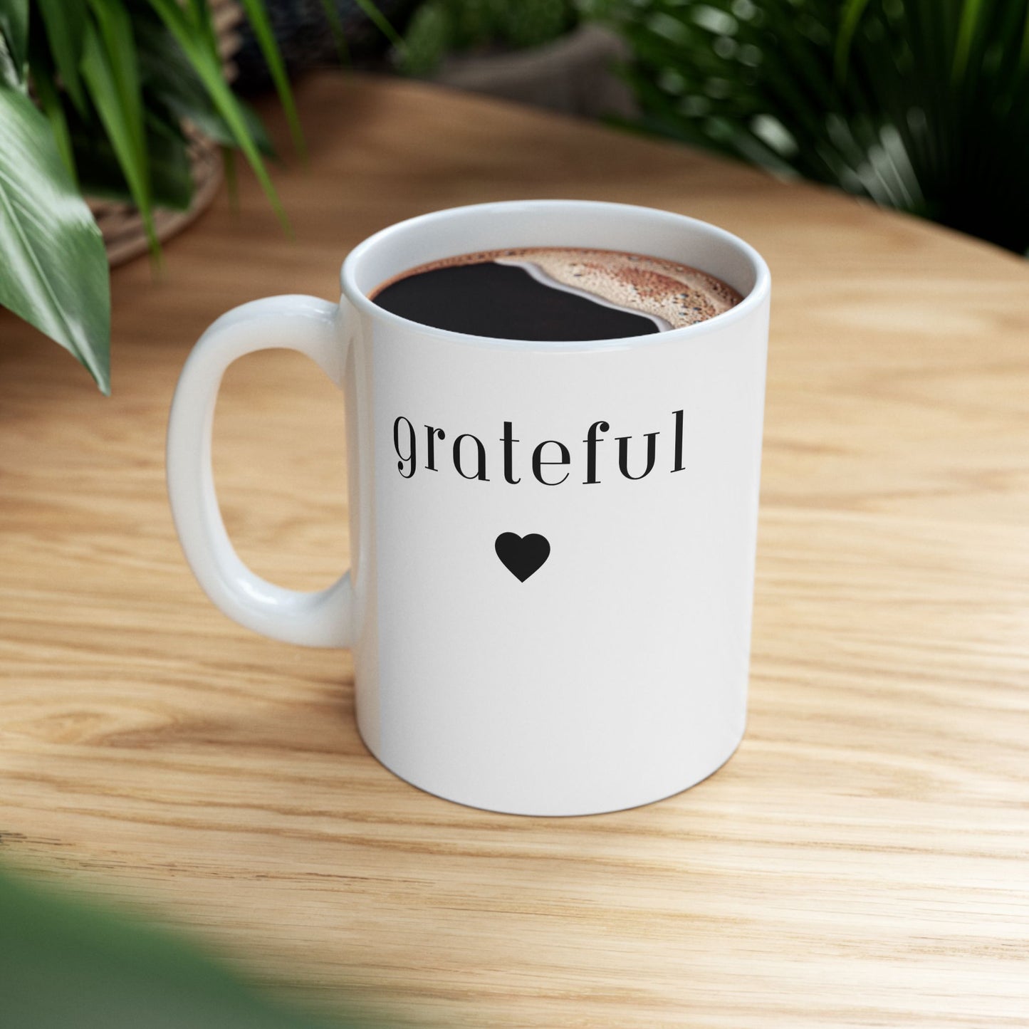 Grateful -White Mug,  BPA and Lead-free, microwave & dishwasher-safe, and made of white, durable ceramic in 11-ounce and 15-ounce sizes.