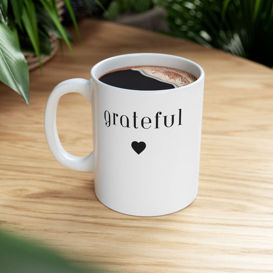 Grateful -White Mug,  BPA and Lead-free, microwave & dishwasher-safe, and made of white, durable ceramic in 11-ounce and 15-ounce sizes.